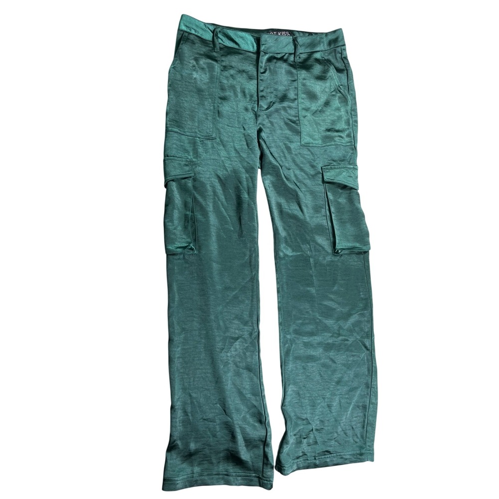 Hot Kiss Green Satin Cargo Pants Y2K Wide Leg Utility Pants Size Medium